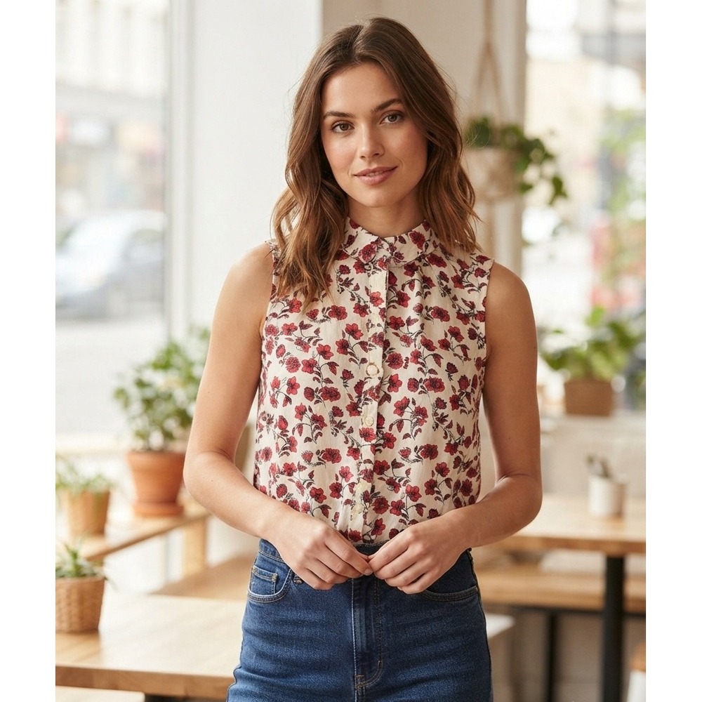 H&M Divided Red Floral Sleeveless Button Down Blouse Top Size 6 Cream Viscose